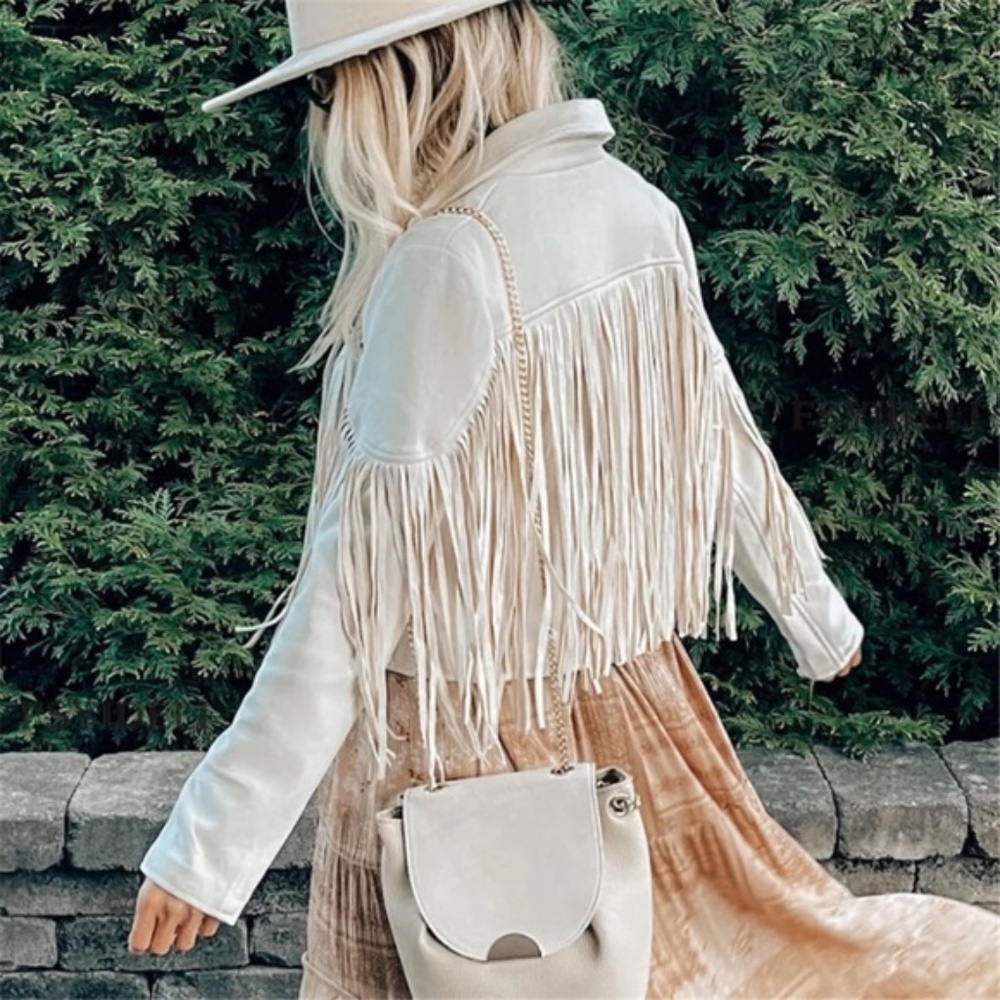 SOLD OUT Ivory Faux Leather Suede Fringe Cropped Western Boho Moto Jacket - Picture 2 of 9